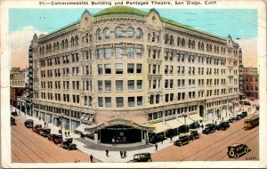 Vtg Commonwealth Building and Pantagee Theatre Old Cars San Diego CA Postcard