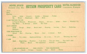 c1930 Hotel Stats Hutson Prosperity Card Hotel Eldridge Lawrence Kansas Postcard