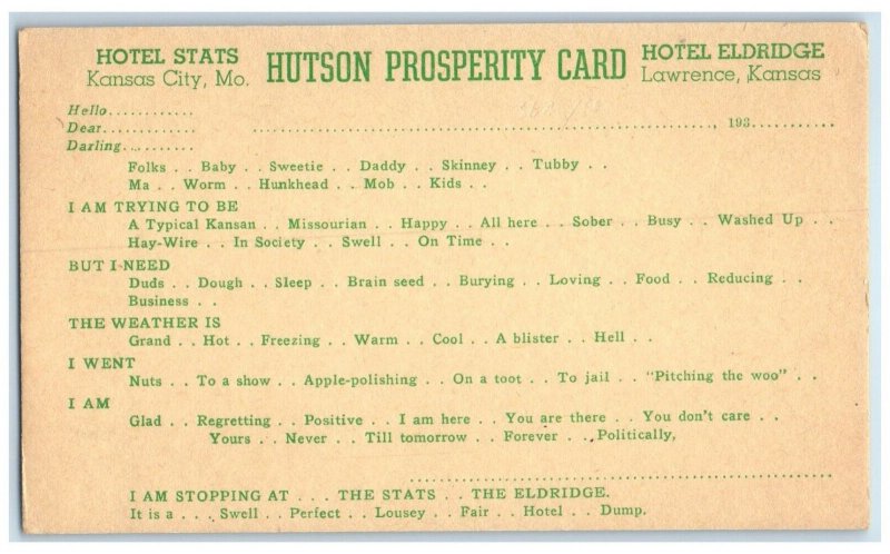 c1930 Hotel Stats Hutson Prosperity Card Hotel Eldridge Lawrence Kansas Postcard