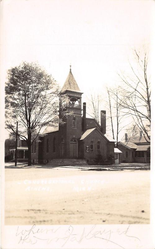 Athens Michigan~Congregational Church~Bell Tower~Houses Next Door~Vintage RPPC