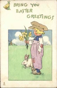 Tuck Little Dutch Boy with White Rabbit and Daffodils c1910 Vintage Postcard