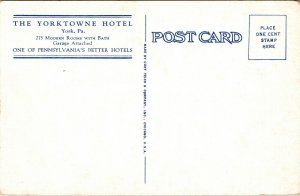 Yorktowne Hotel York PA Pennsylvania Old Cars WB Postcard VTG UNP Curt Teich 