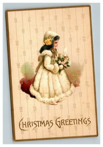 Vintage 1910 Christmas Postcard Cute Girl in White Coat & Flowers Gold Bow NICE