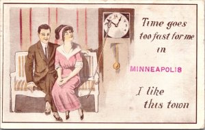 Postcard Couple Grandfather Clock Time Goes To Fast For Me Minneapolis Minnesota