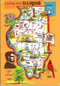 Postcard Map Illinois Greetings from Land of Lincoln highways attractions