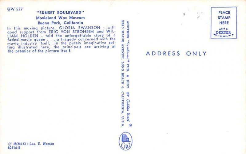 Sunset Boulevard Movieland Wax Museum View Postcard Backing 