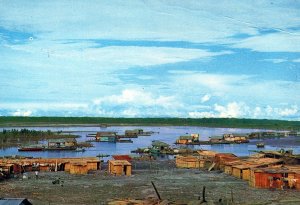 VINTAGE POSTCARD CONTINENTAL SIZE FLOATING PORT OF UCAYALI'S RIVER PERU