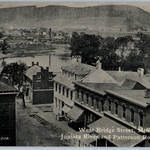 1900s Mifflintown PA Downtown 1889 Birds Eye United Art Ad PC Juniata River A189