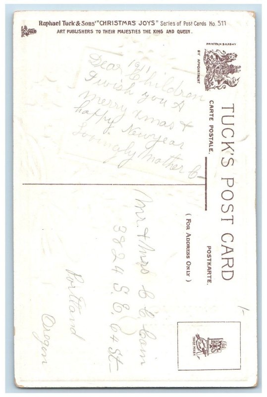 Christmas Postcard Greetings Holly Berries Windmill Embossed Tuck c1910's Posted