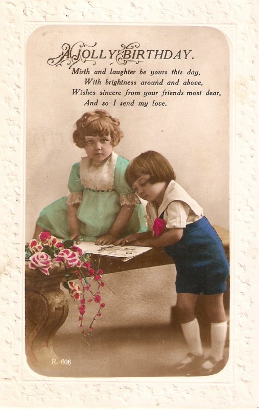 Boy and gir reading. Berthday message Old Vintage English Birthday PC