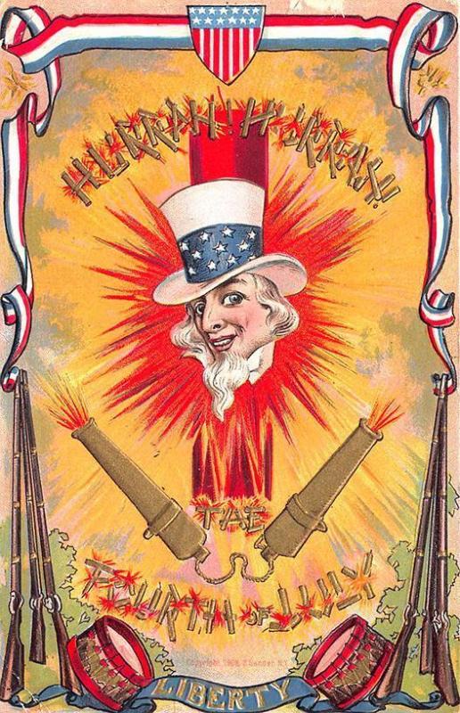 Hurrah 4th of July Independence Day Fire Crackers Uncle Sam Embossed Postcard