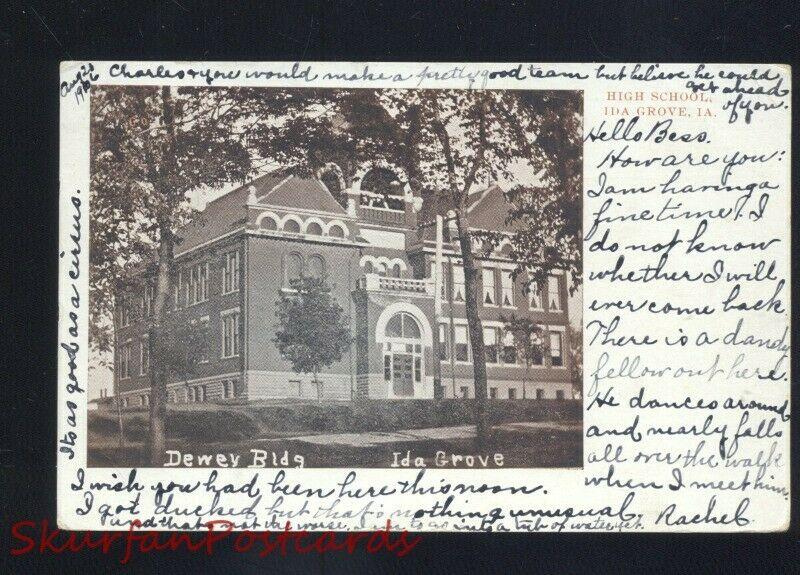 IDA GROVE IOWA DEWEY BUILDING ANTIQUE VINTAGE POSTCARD RPO CANCEL 1907