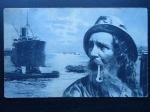 Fisherfolk FISHERMAN & PIPE - Tug & Steam Ship - Old Postcard