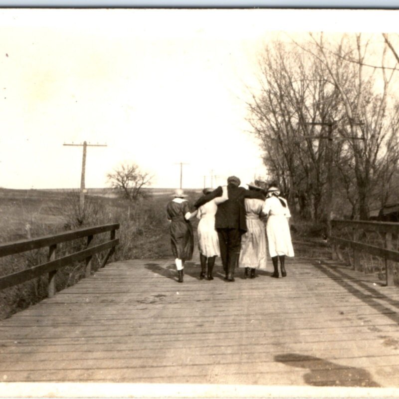 c1910s Womanizer Man w/ Ladies on Bridge RPPC Cute Aesthetics Real Photo PC A139