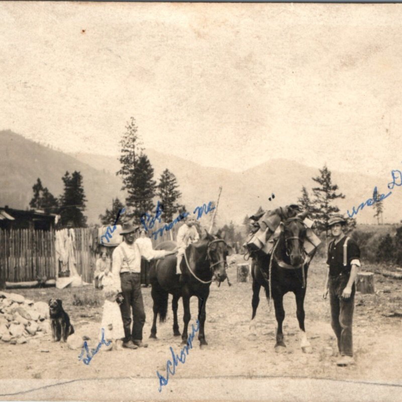 c1900s Wild West Frontier Homestead RPPC Family Horses Dog Real Photo Cabin A135