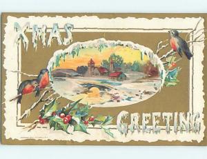 Pre-Linen christmas BIRDS PLUS THE WORD XMAS GREETING IN SNOWY LETTERS HL0462