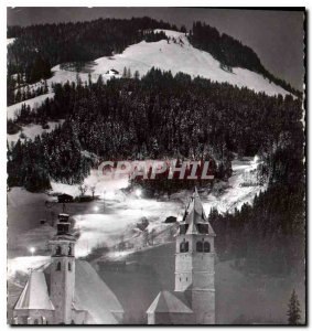 Postcard Modern Kitzbuhel Tirol bei Nacht mit Beleuchteter Ganslern Abfahrts ...