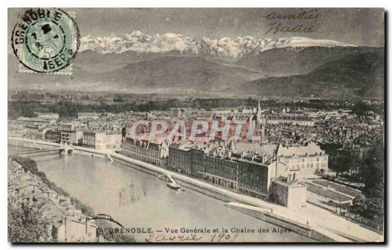 Grenoble - Vue Generale and the Chaine des Alpes - Old Postcard