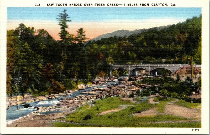 Vtg Clayton GA Saw Tooth Bridge Over Tiger Creek 1930s Linen