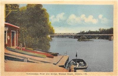 Nottawasaga River & Bridge, Wasaga Beach, Ontario, Canada ca 1930s Postcard 