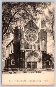Wadsworth Ohio~Grace Lutheran Church~Rose Window~Steeple~Gothic~1942 Postcard