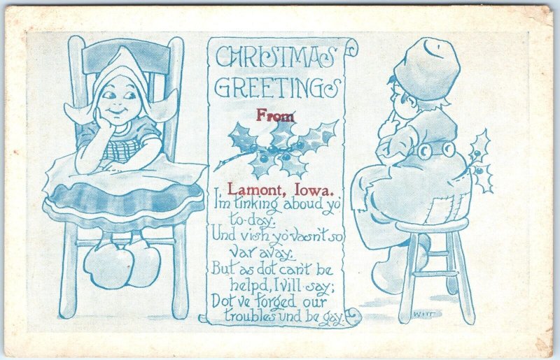 c1910s Lamont, IA Christmas Greetings Child Speak Trad Clogs Witt Postcard A68