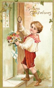 Vintage Postcard 1912 Sincere Good Wishes Little Boy Bringing Flowers Present