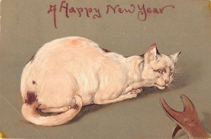 New Year Greetings White and Brown Cat Vintage Postcard AA38394