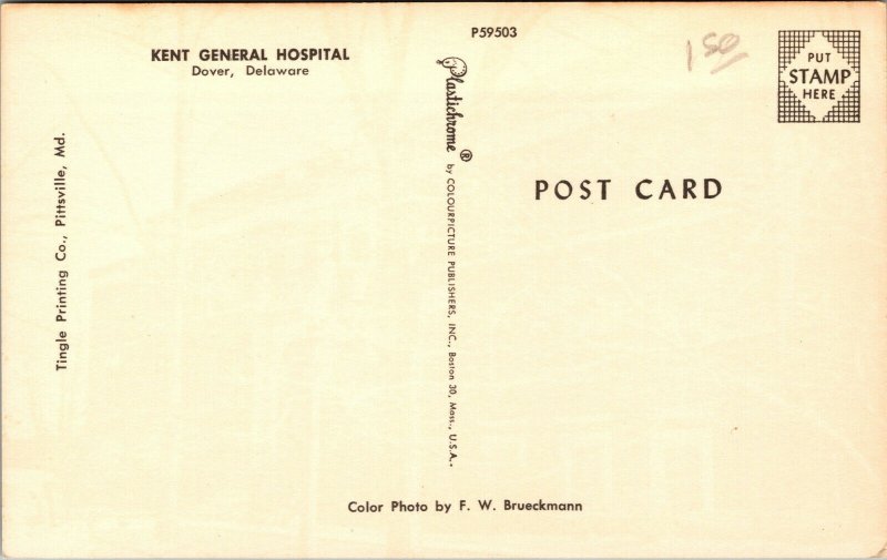 Vtg 1950s Kent General Hospital Dover Delaware DE Unused Postcard