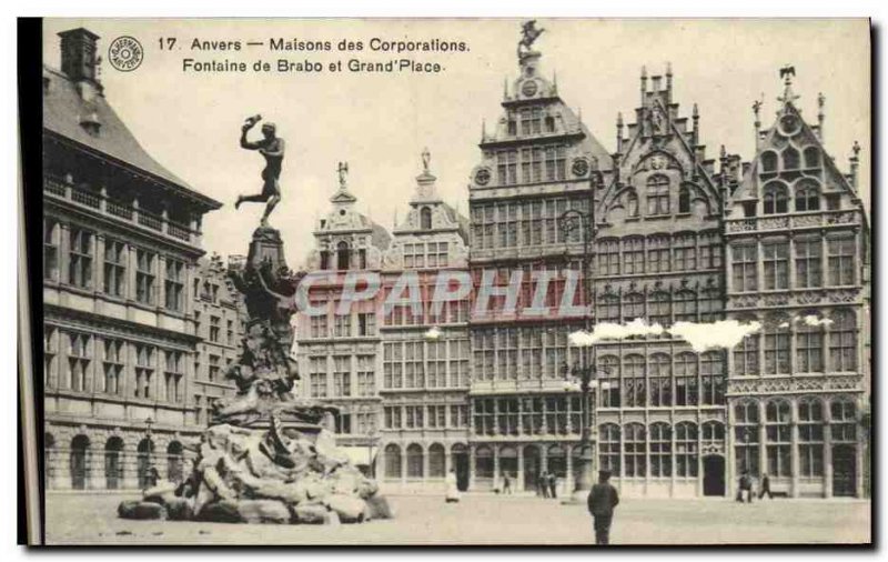 Old Postcard Bruges houses Fontaine Brabo Corporations and Grand Place