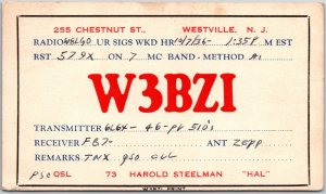 19357 QSL Radio Card Code W3BZI Westville NJ Amateur Station Posted Postcard