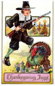 16181  Thanksgiviing    Pilgrim with muskett,  Turkey. hay field