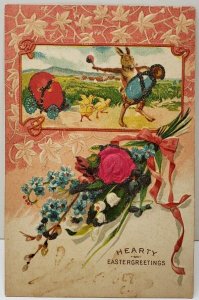 Easter Greetings Rabbit Beating Egg Glitter Decorated Embossed Postcard E14
