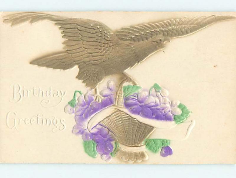 Divided-Back PATRIOTIC EAGLE BIRD CARRIES BASKET OF VIOLET FLOWERS o9266