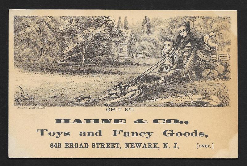 VICTORIAN TRADE CARD Hahne Fancy Goods Boys in Dog Drawn Cart 'Grit'