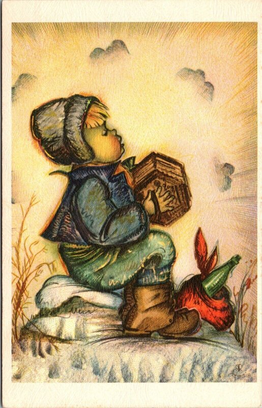 Vtg Alfred Mainzer Little Folks Little Boy Concertina Artist Signed Postcard