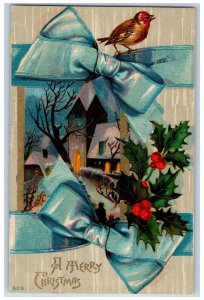 Seattle WA Postcard Christmas Song Bird Holly Berries Winter Scene Embossed 1909