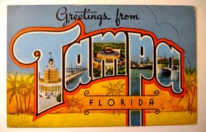 Greetings From Tampa Florida Large Letter Linen Postcard Gandy Bridge Harbor