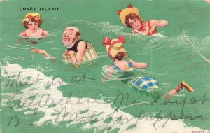 1906 Coney Island Postcard Humorous Swimmers Old Man Bathing Suit BROOKLYN NY