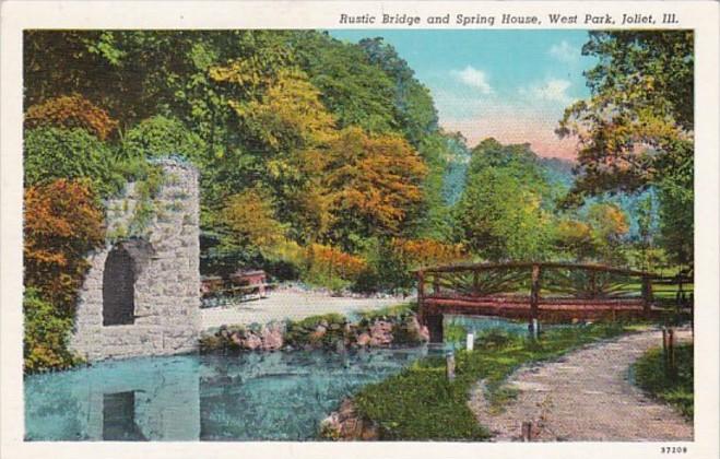 Illinois Joliet Rustic Bridge and Spring House West Park Curteich