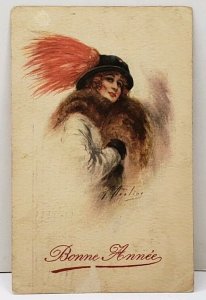 Artist Signed Bonne Annee 1922 Lady in Large Feather Hat Postcard A15