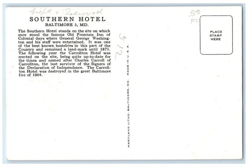 c1950's Southern Hotel Baltimore Maryland MD Vintage Unposted Postcard