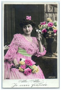 c1910's Pretty Woman Talking Telephone With Flowers RPPC Photo Antique Postcard