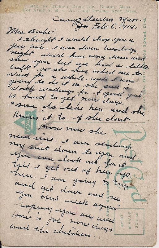 Camp Devens MA US Army Base, YWCA Hostess House Cafeteria, Flag, 1914 Message