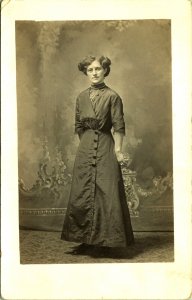RPPC Edwardian Style Dress Woman Standing Studio Real Photo Postcard AZO