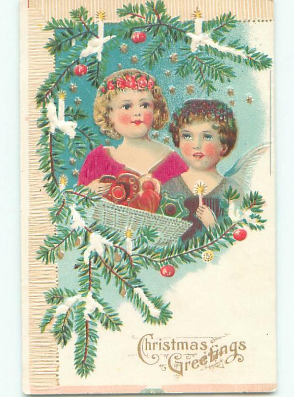 Pre-Linen christmas CUTE GIRL STANDS BESIDE ANGEL HOLDING CANDLE k1166