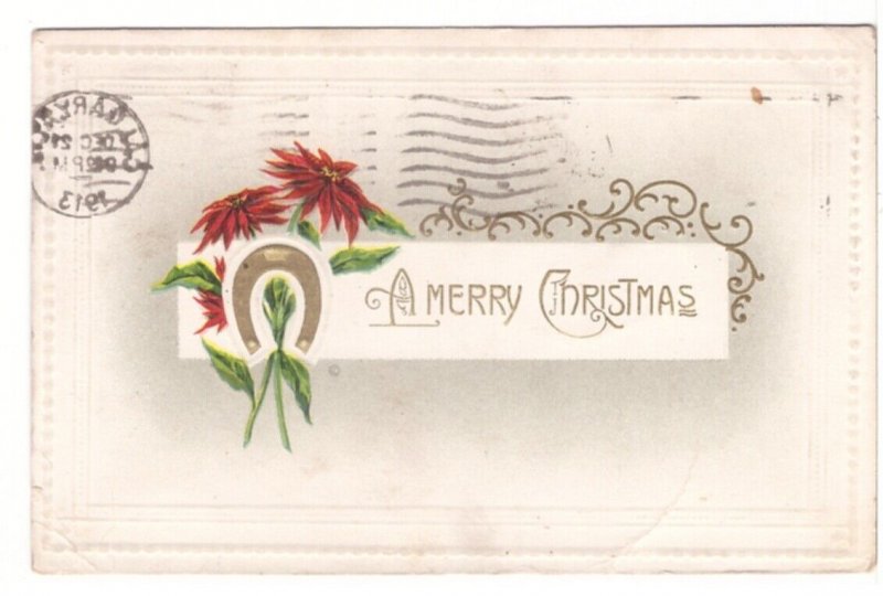 A Merry Christmas, Horseshoe, Poinsettia, Antique 1912 J.J. Marks Postcard