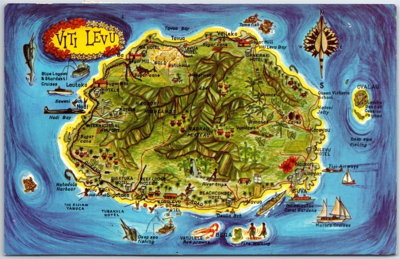 VINTAGE POSTCARD ANIMATED MAP OF VITI LEVU ISLAND OF FIJI POSTED 1960s