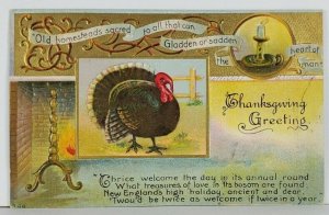 Thanksgiving Greeting Turkey Fireplace  Scene 1912 Postcard Q5