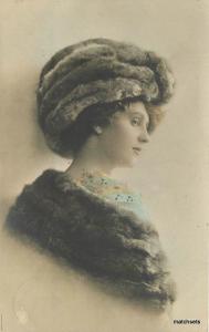 1911 Pretty Woman Hat fur Coat hand colored postcard 10515